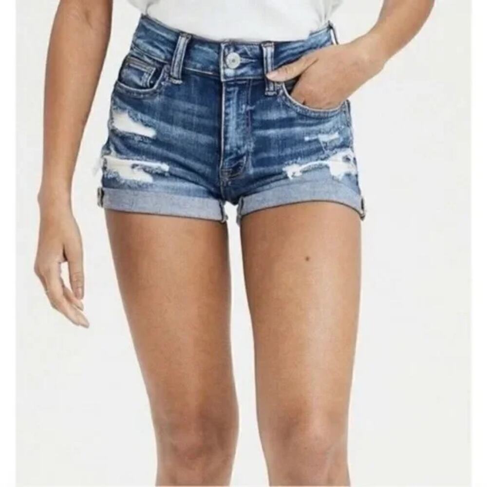American Eagle Hi-Rise Shortie Medium Wash Blue Distressed Raw Hem Ripped Size 0